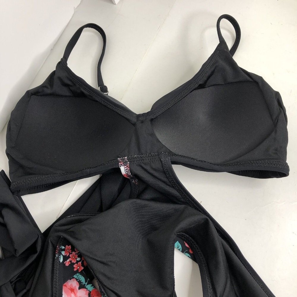 NWT CUPSHE Black Floral Wrap Cutout 1 Piece Bathing Suit Swimsuit Sz S Tie Back - Picture 13 of 14